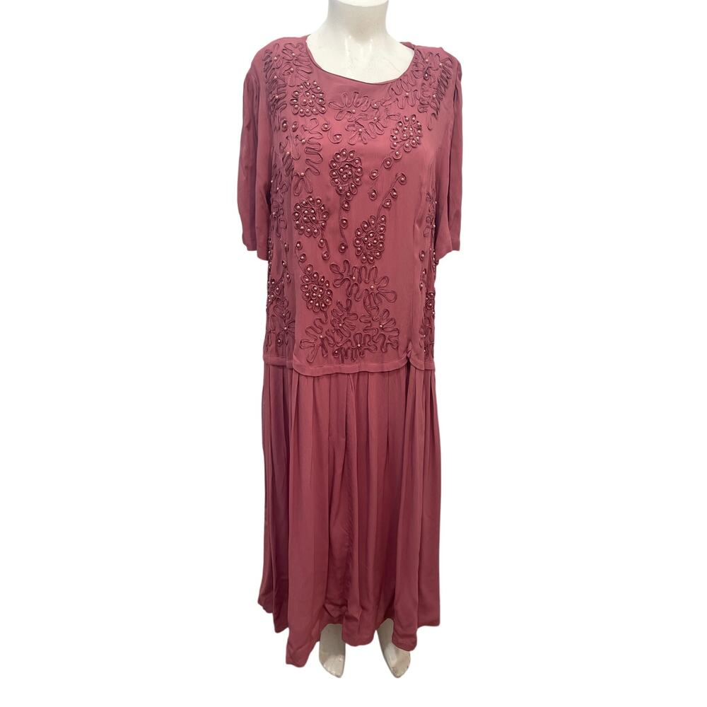 Adrian Jordan Vintage dusty rose beaded embroidered Short sleeve maxi dress 26